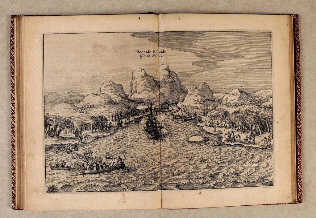 An illustration from Iournal ofte beschryvinghe van de wonderlicke reyse, : ghedaen door Willem Cornelisz Schouten van Hoorn, inde jaren 1615. 1616. en 1617. Hoe hy bezuyden de Strate van Magellanes een nieuwe passagie tot inde groote Zuydzee ontdeckt, en voort den gheheelen aerdkloot omgheseylt, heeft. Wat Eylanden, vreemde volcken en wonderlicke avontueren hem ontmoet zijn, 1618, leaf 84