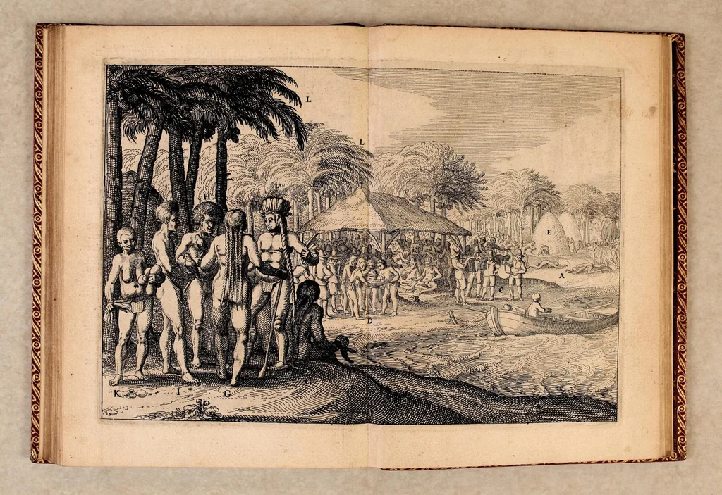An illustration from Iournal ofte beschryvinghe van de wonderlicke reyse, : ghedaen door Willem Cornelisz Schouten van Hoorn, inde jaren 1615. 1616. en 1617. Hoe hy bezuyden de Strate van Magellanes een nieuwe passagie tot inde groote Zuydzee ontdeckt, en voort den gheheelen aerdkloot omgheseylt, heeft. Wat Eylanden, vreemde volcken en wonderlicke avontueren hem ontmoet zijn, 1618, leaf 92