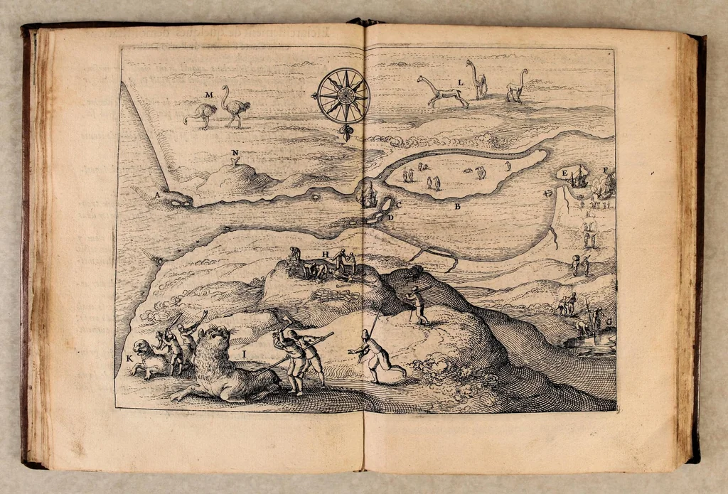 An illustration from Iournal ou description du merveilleux voyage de Guilliaume Schouten, Hollandois natif de Hoorn, : fait es années 1615, 1616 & 1617. Comme (en circumnavigeant le globe terrestre) il a decouvert vers le zud du destroit de Magellan un nouveau passage, jusques à la grand mer de Zud. Ensemble, des avantures admirables qui luy sont advenues en descouvrant de plusieurs isles, & peuples estranges., 1618, leaf 32