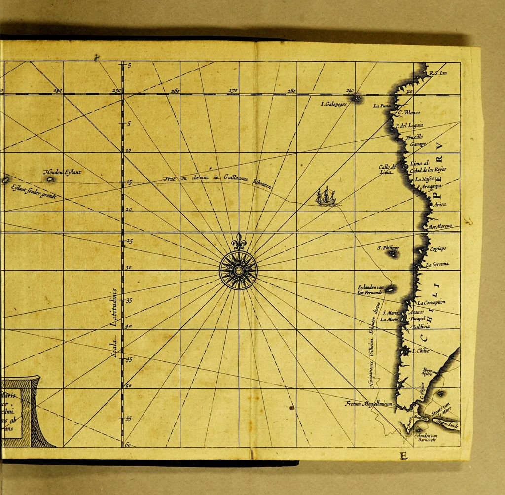 An illustration from Iournal ou description du merveilleux voyage de Guilliaume Schouten, Hollandois natif de Hoorn, : fait es années 1615, 1616 & 1617. Comme (en circumnavigeant le globe terrestre) il a decouvert vers le zud du destroit de Magellan un nouveau passage, jusques à la grand mer de Zud. Ensemble, des avantures admirables qui luy sont advenues en descouvrant de plusieurs isles, & peuples estranges., 1618, leaf 45