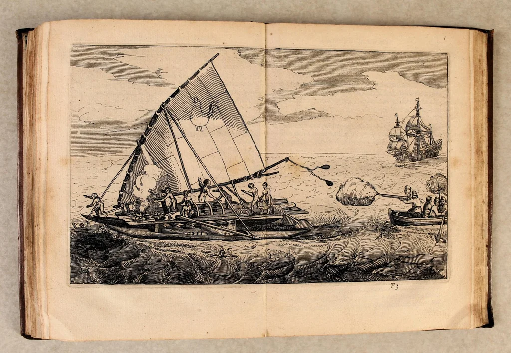 An illustration from Iournal ou description du merveilleux voyage de Guilliaume Schouten, Hollandois natif de Hoorn, : fait es années 1615, 1616 & 1617. Comme (en circumnavigeant le globe terrestre) il a decouvert vers le zud du destroit de Magellan un nouveau passage, jusques à la grand mer de Zud. Ensemble, des avantures admirables qui luy sont advenues en descouvrant de plusieurs isles, & peuples estranges., 1618, leaf 59