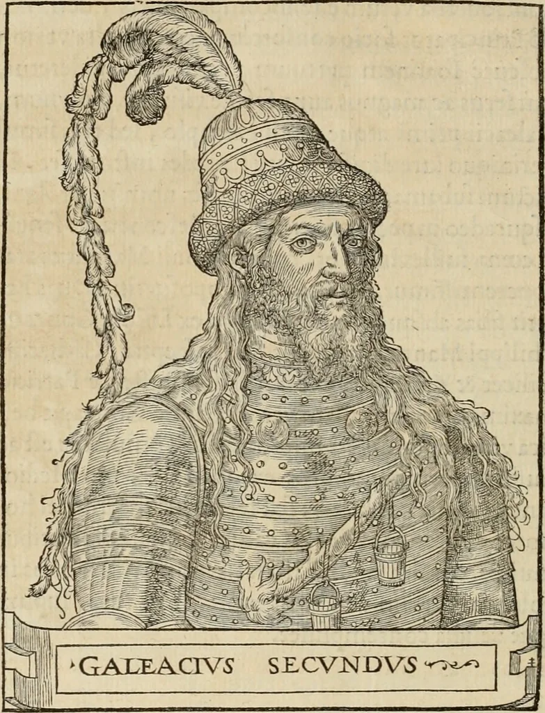 An illustration from Pavli Iovii novocomensis Vitae dvodecim vicecomitvm Mediolani principvm : ex Bibliotheca regia, 1549, leaf 155