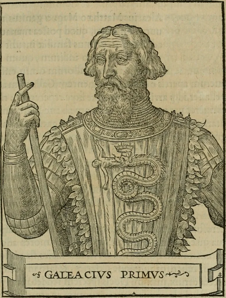 An illustration from Pavli Iovii novocomensis Vitae dvodecim vicecomitvm Mediolani principvm : ex Bibliotheca regia, 1549, leaf 92