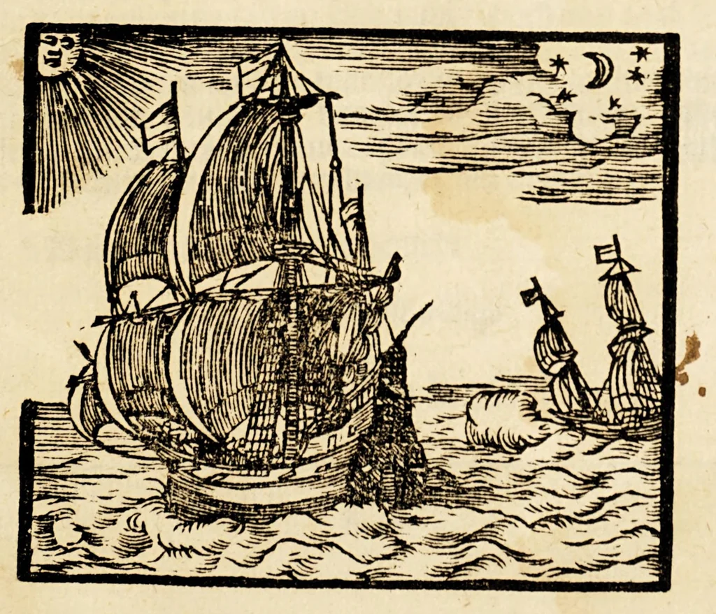 An illustration from Iovrnael ofte beschrijvinge vande reyse gedaen by den commandeur Dirck Albertsz Raven, nae Spitsberghen, in den jare 1639 ten dienste vande E. heeren bewindt-hebbers vande Groenlandtsche compagnie tot Hoorn : waer in verhaelt wordt sijn droevinghe schip-breucke, sijn ellende op't wrack, en sijn blijde verlossinge : met noch eenighe ghedenckwerdige historien, 1647, leaf 7