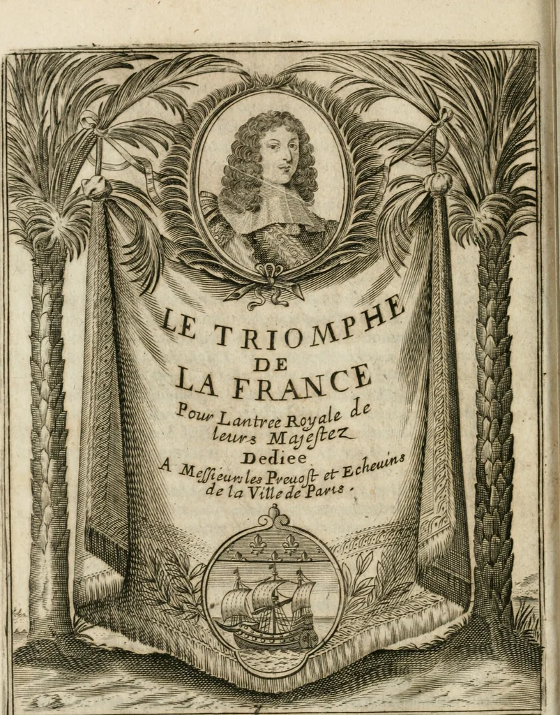 An illustration from Iovrnavx historiques: contenans tout ce qui s'est passé de plus remarquable dans le voyage du roy, & de Son Eminence, depuis leur depart de Paris, le 25. iuin de l'an 1659 : pour le traitté du mariage de sa majesté, & de la paix generale, jusqu'à leur retour : auec une exacte recherche de ce qui s'est fait dans le conferences des deux ministres, & dans le mariage du roy auec l'infante d'Espagne à Fontarabie, & à S. Iean de Lus : et leur entrée dans toutes les villes de leur passage, & leur triomphe dans leur bonne ville de Paris / par le Sieur F.C, 1660, leaf 73