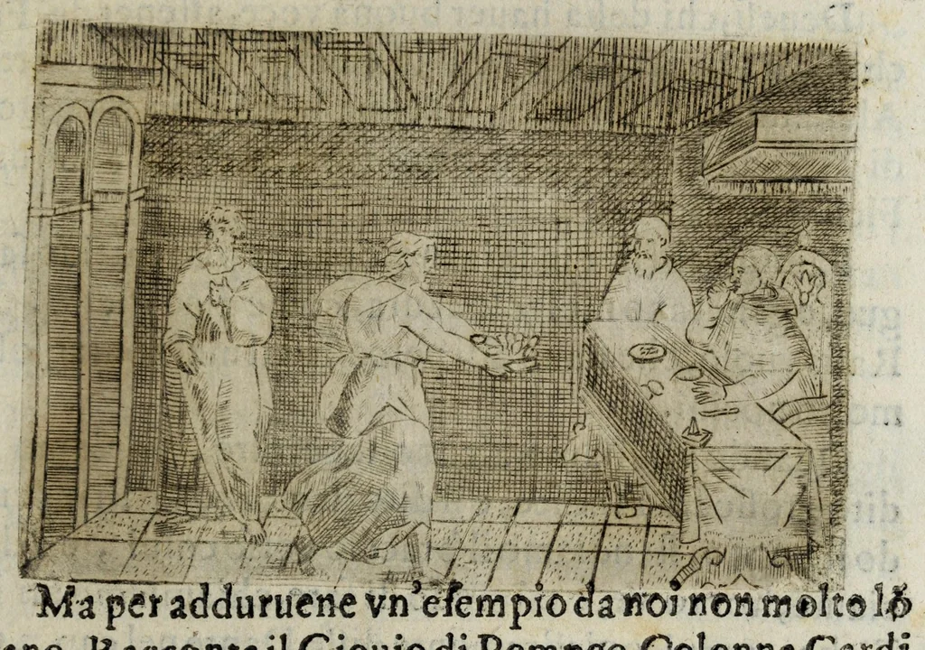 An illustration from I pomi d'oro / di Gio. Francesco Angelita, Roco Accademico Disuguale ; doue si contengono due lettioni, de' fichi l'vna, e de' melloni l'altra ; nelle quali non solo si scorgono le lor lodi, e le loro eccellenze, ma si scoprono molti segreti per vsarli, e per cultiuarli ; e si notano molti errori di diuersi grand'huomini intorno al loro sentimento ; aggiuntavi vna lettione della lvmaca doue si pruoua, ch'ella sia maestra della vita human .., 1607, leaf 135