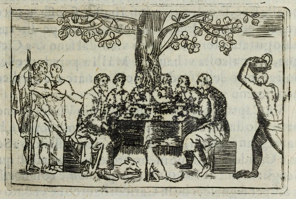An illustration from I pomi d'oro / di Gio. Francesco Angelita, Roco Accademico Disuguale ; doue si contengono due lettioni, de' fichi l'vna, e de' melloni l'altra ; nelle quali non solo si scorgono le lor lodi, e le loro eccellenze, ma si scoprono molti segreti per vsarli, e per cultiuarli ; e si notano molti errori di diuersi grand'huomini intorno al loro sentimento ; aggiuntavi vna lettione della lvmaca doue si pruoua, ch'ella sia maestra della vita human .., 1607, leaf 75