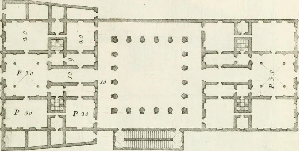 An illustration from I quattro libri dell'architettura di Andrea Palladio : ne quali dopo un breve trattato de' cinque ordini, e di quelli avvertimenti, che sono più necessarj nel fabbricare : si tratta delle case private, delle vie, dei ponti, delle piazze, dei xisti, e dei tempj, 1790, leaf 118