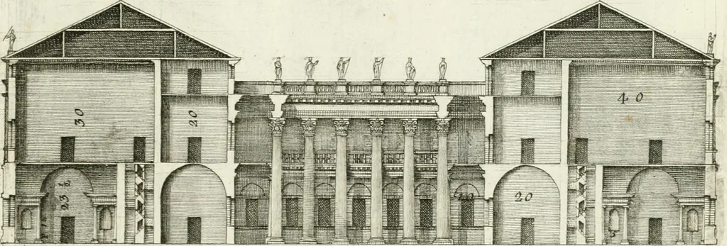 An illustration from I quattro libri dell'architettura di Andrea Palladio : ne quali dopo un breve trattato de' cinque ordini, e di quelli avvertimenti, che sono più necessarj nel fabbricare : si tratta delle case private, delle vie, dei ponti, delle piazze, dei xisti, e dei tempj, 1790, leaf 118