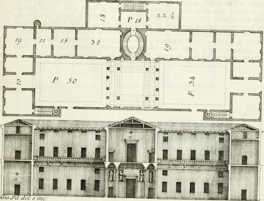 An illustration from I quattro libri dell'architettura di Andrea Palladio : ne quali dopo un breve trattato de' cinque ordini, e di quelli avvertimenti, che sono più necessarj nel fabbricare : si tratta delle case private, delle vie, dei ponti, delle piazze, dei xisti, e dei tempj, 1790, leaf 124