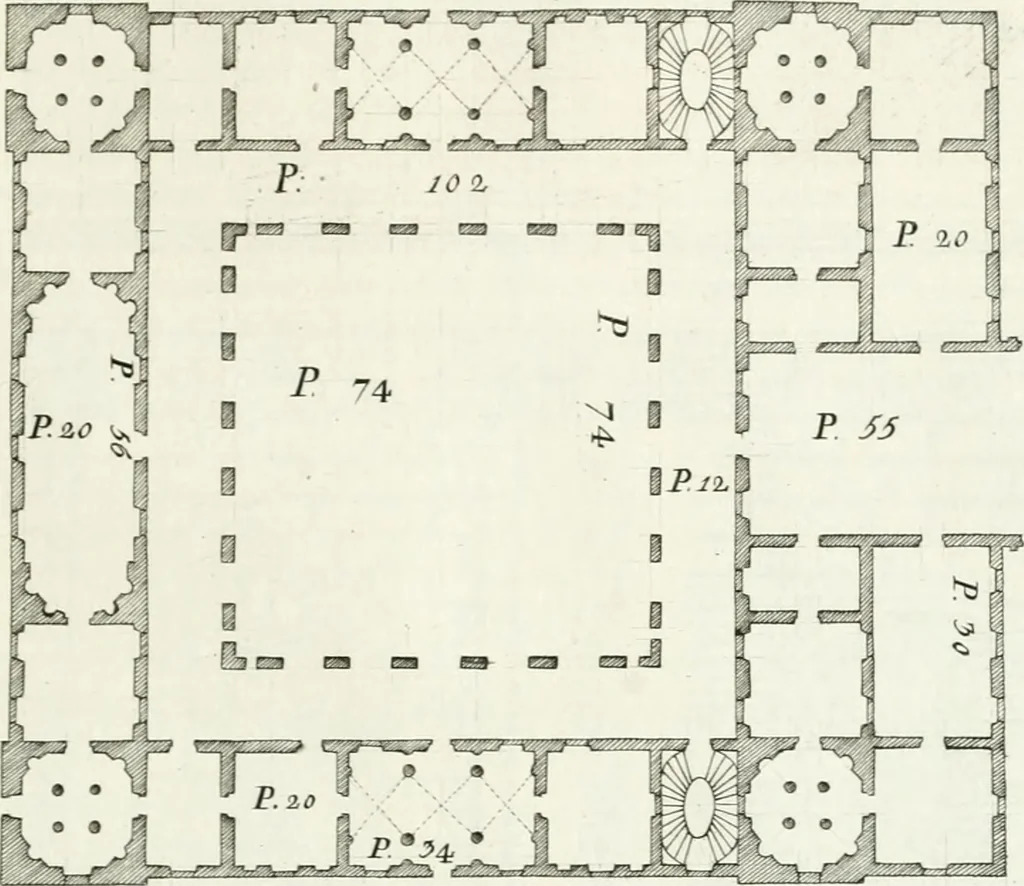 An illustration from I quattro libri dell'architettura di Andrea Palladio : ne quali dopo un breve trattato de' cinque ordini, e di quelli avvertimenti, che sono più necessarj nel fabbricare : si tratta delle case private, delle vie, dei ponti, delle piazze, dei xisti, e dei tempj, 1790, leaf 126
