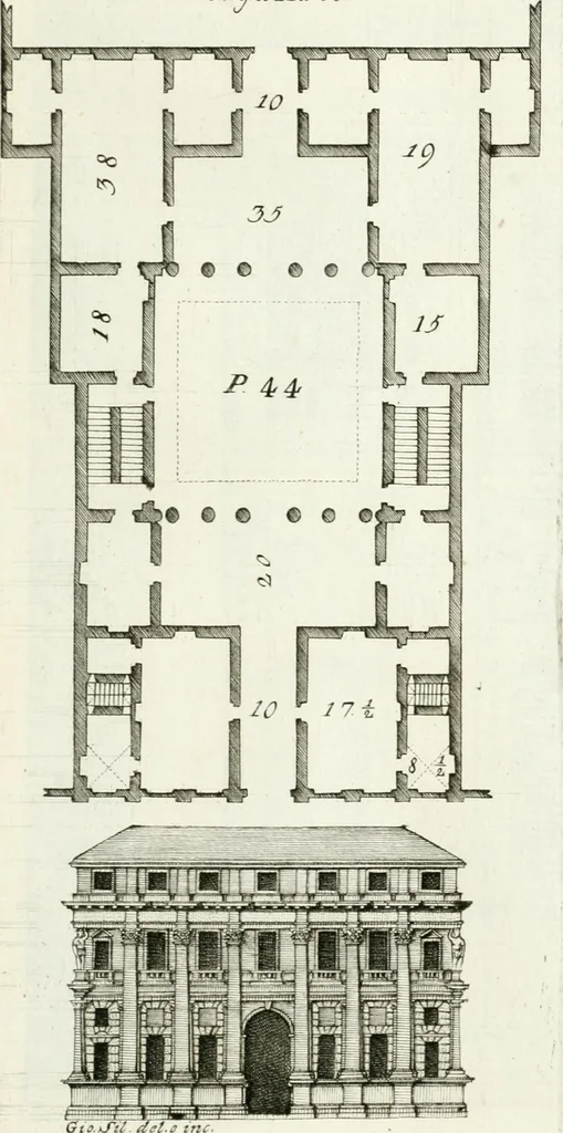 An illustration from I quattro libri dell'architettura di Andrea Palladio : ne quali dopo un breve trattato de' cinque ordini, e di quelli avvertimenti, che sono più necessarj nel fabbricare : si tratta delle case private, delle vie, dei ponti, delle piazze, dei xisti, e dei tempj, 1790, leaf 132