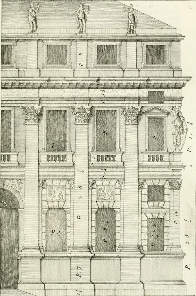 An illustration from I quattro libri dell'architettura di Andrea Palladio : ne quali dopo un breve trattato de' cinque ordini, e di quelli avvertimenti, che sono più necessarj nel fabbricare : si tratta delle case private, delle vie, dei ponti, delle piazze, dei xisti, e dei tempj, 1790, leaf 134