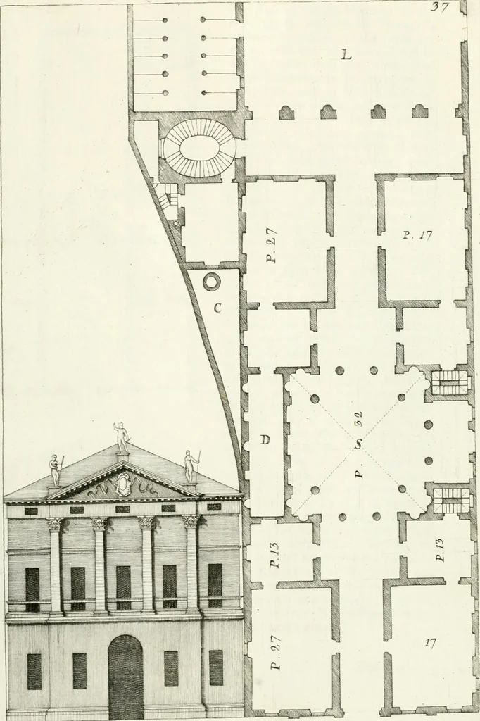 An illustration from I quattro libri dell'architettura di Andrea Palladio : ne quali dopo un breve trattato de' cinque ordini, e di quelli avvertimenti, che sono più necessarj nel fabbricare : si tratta delle case private, delle vie, dei ponti, delle piazze, dei xisti, e dei tempj, 1790, leaf 142