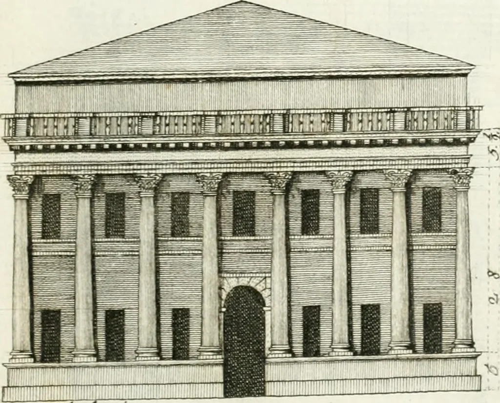 An illustration from I quattro libri dell'architettura di Andrea Palladio : ne quali dopo un breve trattato de' cinque ordini, e di quelli avvertimenti, che sono più necessarj nel fabbricare : si tratta delle case private, delle vie, dei ponti, delle piazze, dei xisti, e dei tempj, 1790, leaf 144