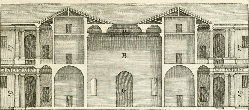 An illustration from I quattro libri dell'architettura di Andrea Palladio : ne quali dopo un breve trattato de' cinque ordini, e di quelli avvertimenti, che sono più necessarj nel fabbricare : si tratta delle case private, delle vie, dei ponti, delle piazze, dei xisti, e dei tempj, 1790, leaf 152