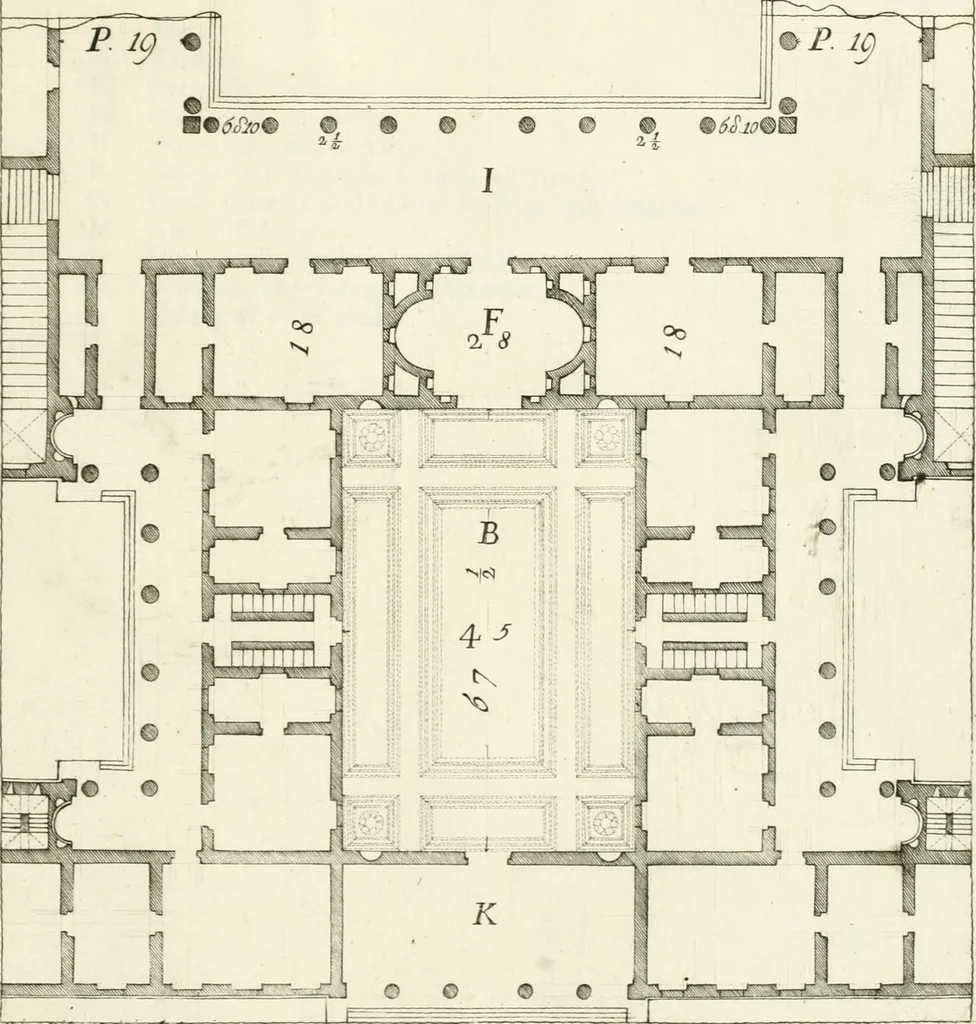 An illustration from I quattro libri dell'architettura di Andrea Palladio : ne quali dopo un breve trattato de' cinque ordini, e di quelli avvertimenti, che sono più necessarj nel fabbricare : si tratta delle case private, delle vie, dei ponti, delle piazze, dei xisti, e dei tempj, 1790, leaf 152