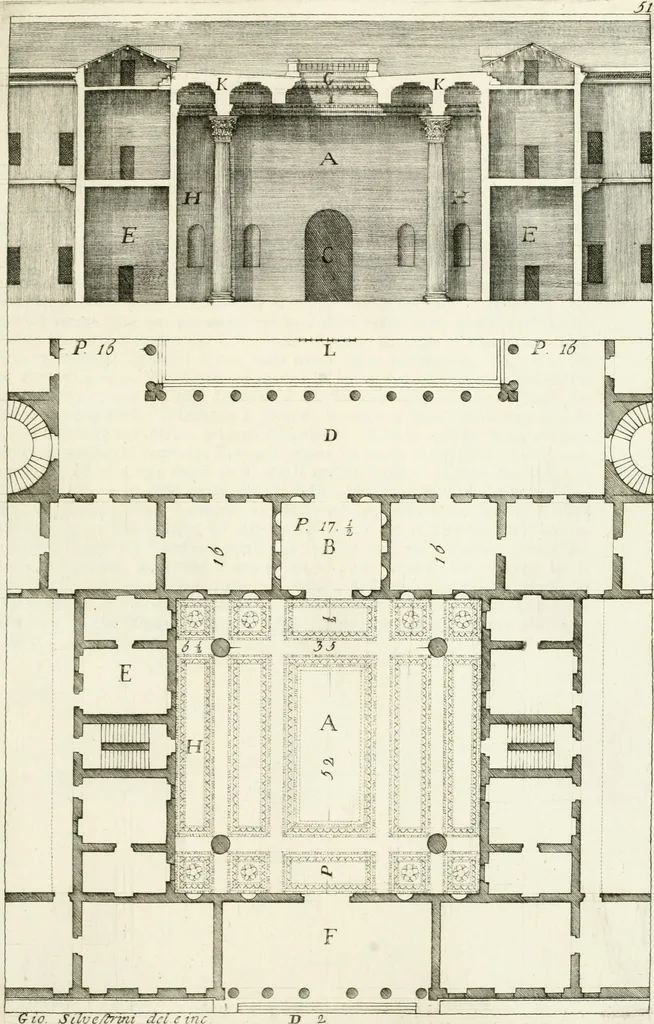 An illustration from I quattro libri dell'architettura di Andrea Palladio : ne quali dopo un breve trattato de' cinque ordini, e di quelli avvertimenti, che sono più necessarj nel fabbricare : si tratta delle case private, delle vie, dei ponti, delle piazze, dei xisti, e dei tempj, 1790, leaf 156