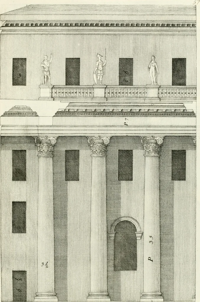 An illustration from I quattro libri dell'architettura di Andrea Palladio : ne quali dopo un breve trattato de' cinque ordini, e di quelli avvertimenti, che sono più necessarj nel fabbricare : si tratta delle case private, delle vie, dei ponti, delle piazze, dei xisti, e dei tempj, 1790, leaf 162
