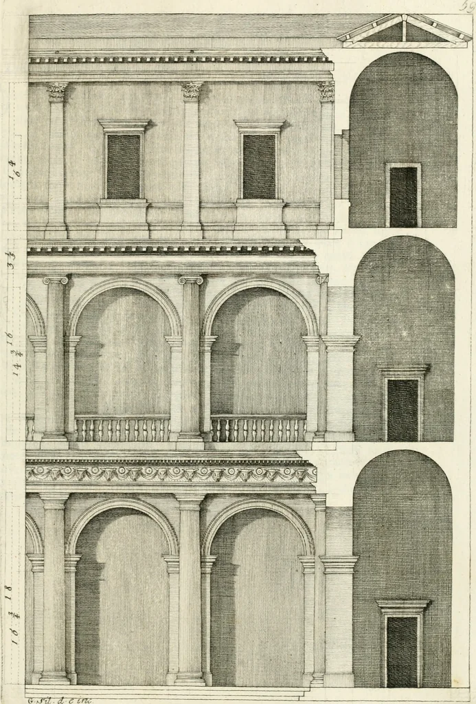 An illustration from I quattro libri dell'architettura di Andrea Palladio : ne quali dopo un breve trattato de' cinque ordini, e di quelli avvertimenti, che sono più necessarj nel fabbricare : si tratta delle case private, delle vie, dei ponti, delle piazze, dei xisti, e dei tempj, 1790, leaf 164
