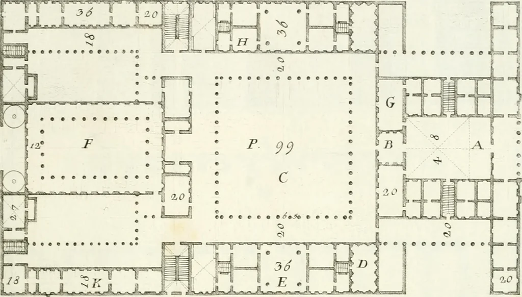 An illustration from I quattro libri dell'architettura di Andrea Palladio : ne quali dopo un breve trattato de' cinque ordini, e di quelli avvertimenti, che sono più necessarj nel fabbricare : si tratta delle case private, delle vie, dei ponti, delle piazze, dei xisti, e dei tempj, 1790, leaf 168