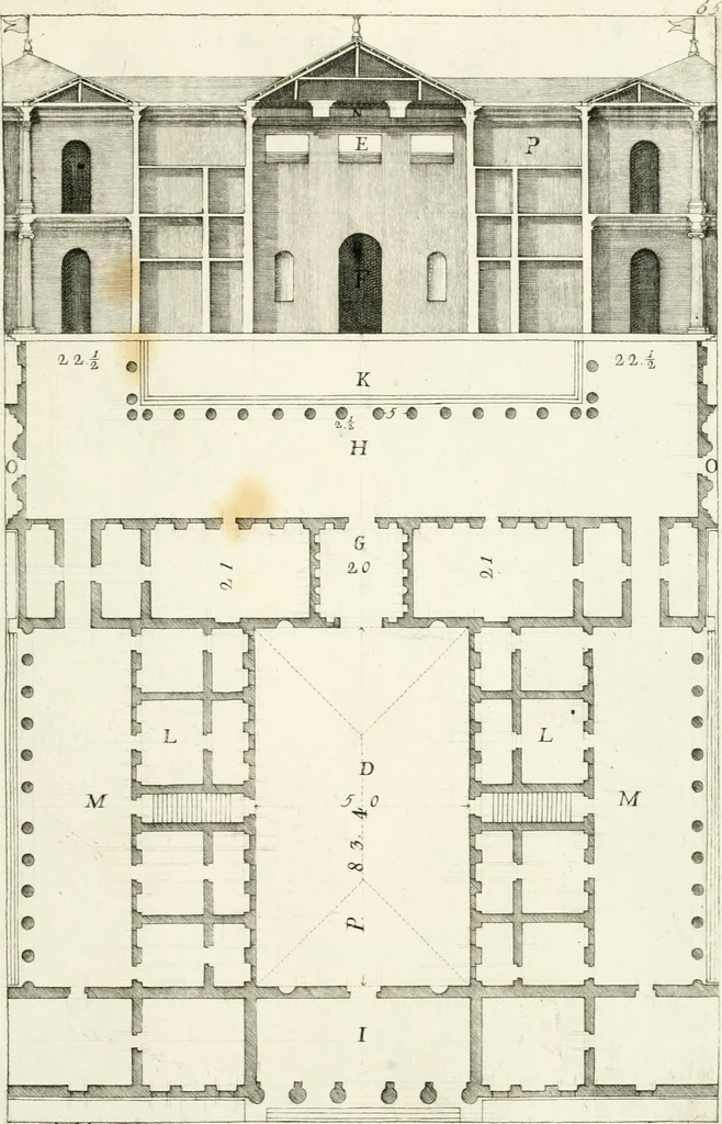An illustration from I quattro libri dell'architettura di Andrea Palladio : ne quali dopo un breve trattato de' cinque ordini, e di quelli avvertimenti, che sono più necessarj nel fabbricare : si tratta delle case private, delle vie, dei ponti, delle piazze, dei xisti, e dei tempj, 1790, leaf 170