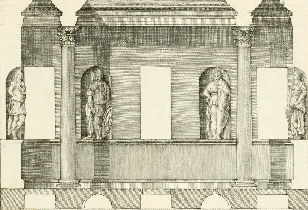 An illustration from I quattro libri dell'architettura di Andrea Palladio : ne quali dopo un breve trattato de' cinque ordini, e di quelli avvertimenti, che sono più necessarj nel fabbricare : si tratta delle case private, delle vie, dei ponti, delle piazze, dei xisti, e dei tempj, 1790, leaf 174