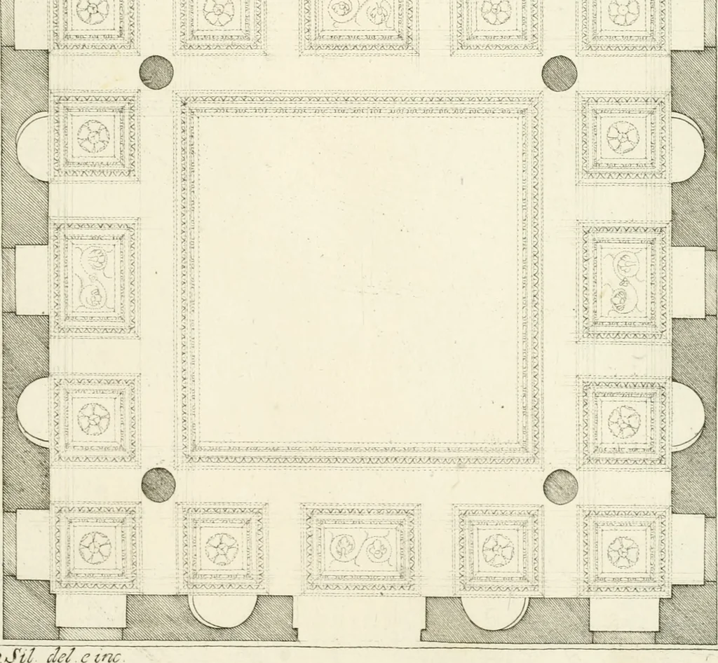 An illustration from I quattro libri dell'architettura di Andrea Palladio : ne quali dopo un breve trattato de' cinque ordini, e di quelli avvertimenti, che sono più necessarj nel fabbricare : si tratta delle case private, delle vie, dei ponti, delle piazze, dei xisti, e dei tempj, 1790, leaf 174