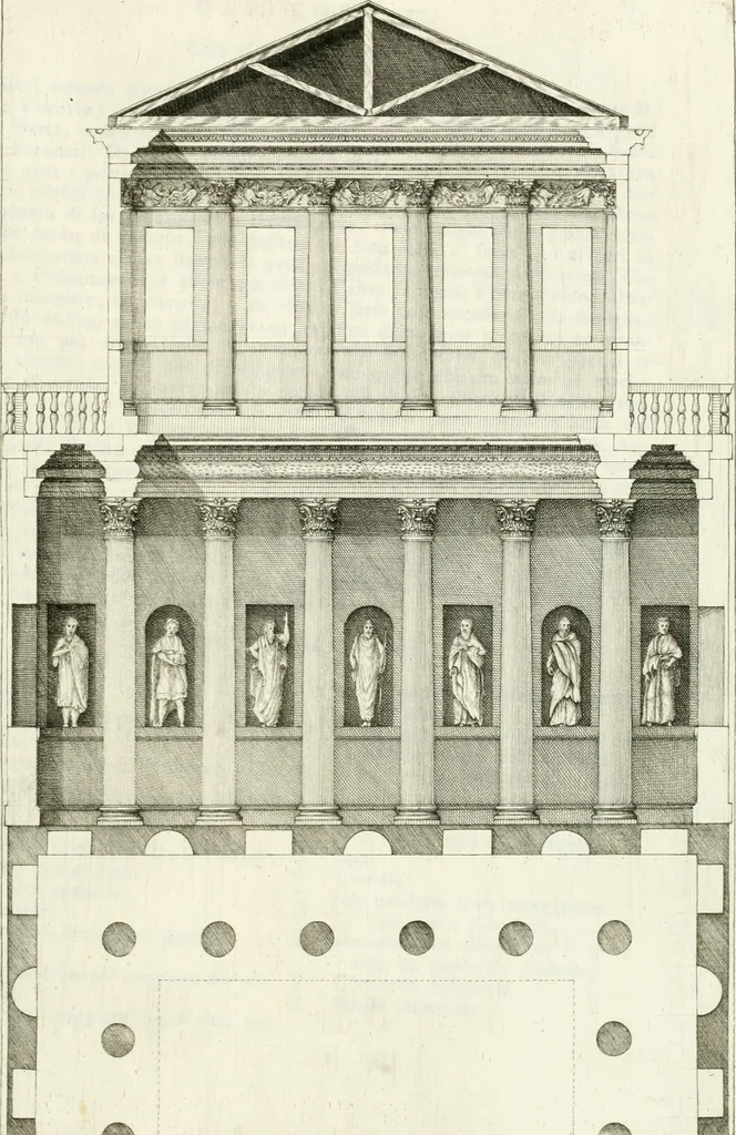 An illustration from I quattro libri dell'architettura di Andrea Palladio : ne quali dopo un breve trattato de' cinque ordini, e di quelli avvertimenti, che sono più necessarj nel fabbricare : si tratta delle case private, delle vie, dei ponti, delle piazze, dei xisti, e dei tempj, 1790, leaf 184