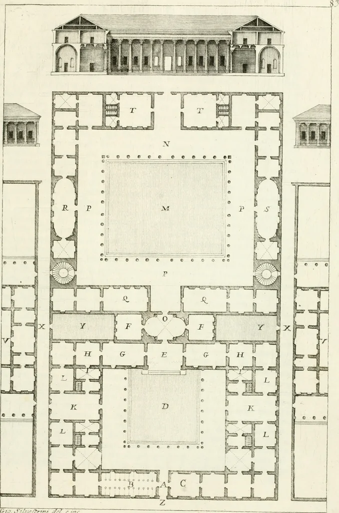 An illustration from I quattro libri dell'architettura di Andrea Palladio : ne quali dopo un breve trattato de' cinque ordini, e di quelli avvertimenti, che sono più necessarj nel fabbricare : si tratta delle case private, delle vie, dei ponti, delle piazze, dei xisti, e dei tempj, 1790, leaf 188