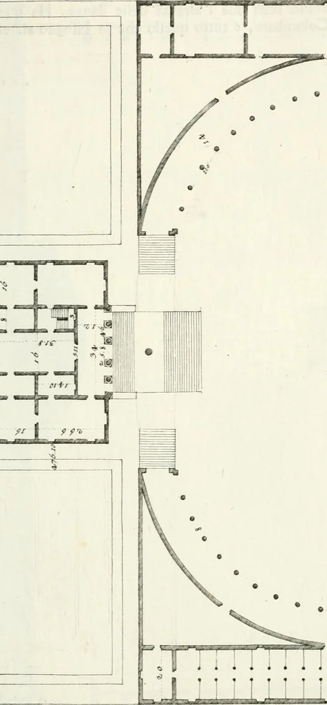 An illustration from I quattro libri dell'architettura di Andrea Palladio : ne quali dopo un breve trattato de' cinque ordini, e di quelli avvertimenti, che sono più necessarj nel fabbricare : si tratta delle case private, delle vie, dei ponti, delle piazze, dei xisti, e dei tempj, 1790, leaf 196