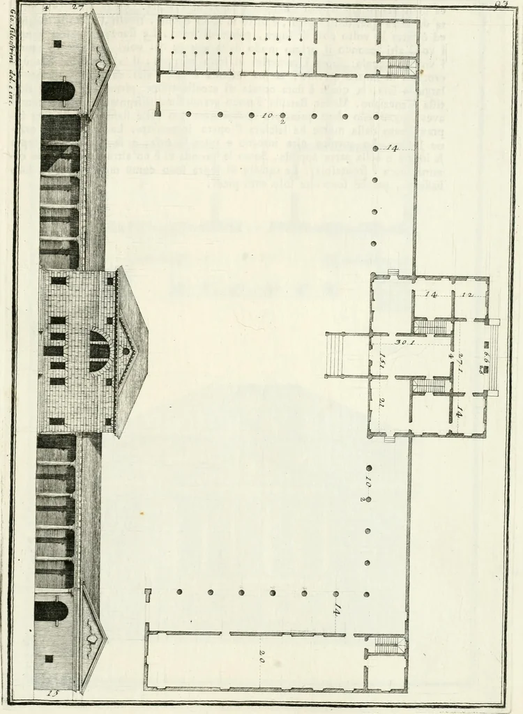 An illustration from I quattro libri dell'architettura di Andrea Palladio : ne quali dopo un breve trattato de' cinque ordini, e di quelli avvertimenti, che sono più necessarj nel fabbricare : si tratta delle case private, delle vie, dei ponti, delle piazze, dei xisti, e dei tempj, 1790, leaf 198