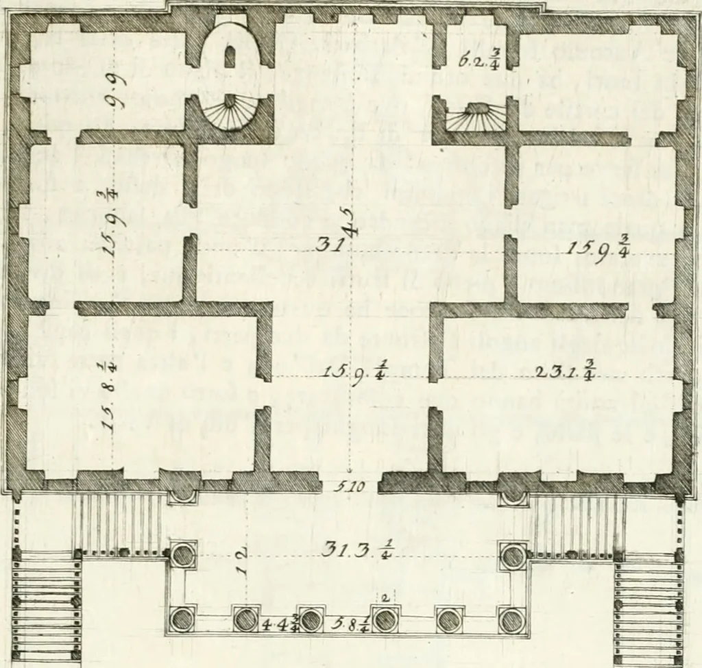 An illustration from I quattro libri dell'architettura di Andrea Palladio : ne quali dopo un breve trattato de' cinque ordini, e di quelli avvertimenti, che sono più necessarj nel fabbricare : si tratta delle case private, delle vie, dei ponti, delle piazze, dei xisti, e dei tempj, 1790, leaf 200