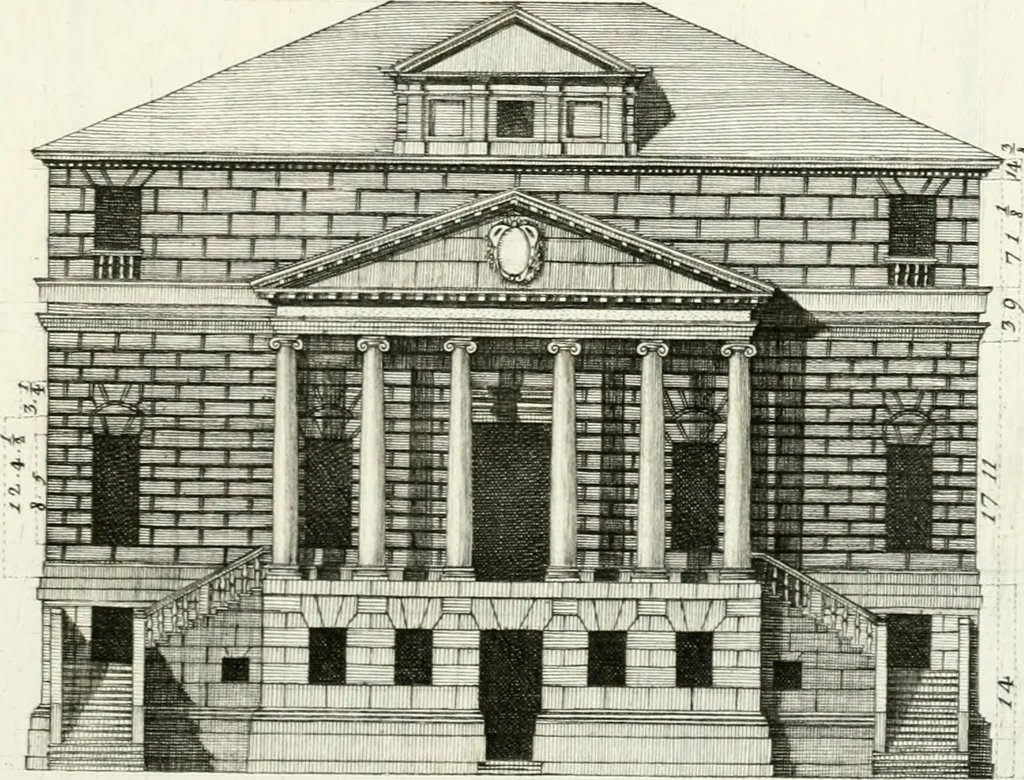 An illustration from I quattro libri dell'architettura di Andrea Palladio : ne quali dopo un breve trattato de' cinque ordini, e di quelli avvertimenti, che sono più necessarj nel fabbricare : si tratta delle case private, delle vie, dei ponti, delle piazze, dei xisti, e dei tempj, 1790, leaf 200