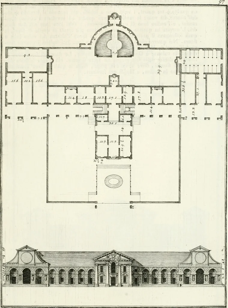 An illustration from I quattro libri dell'architettura di Andrea Palladio : ne quali dopo un breve trattato de' cinque ordini, e di quelli avvertimenti, che sono più necessarj nel fabbricare : si tratta delle case private, delle vie, dei ponti, delle piazze, dei xisti, e dei tempj, 1790, leaf 202