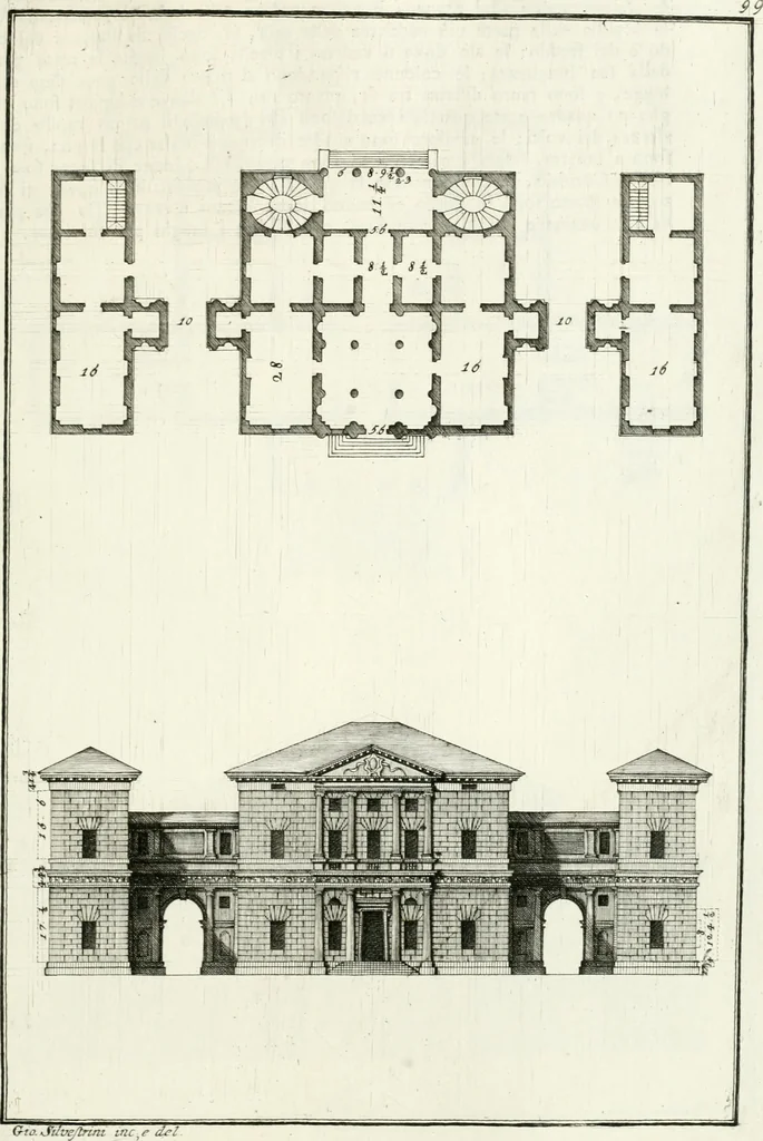 An illustration from I quattro libri dell'architettura di Andrea Palladio : ne quali dopo un breve trattato de' cinque ordini, e di quelli avvertimenti, che sono più necessarj nel fabbricare : si tratta delle case private, delle vie, dei ponti, delle piazze, dei xisti, e dei tempj, 1790, leaf 204