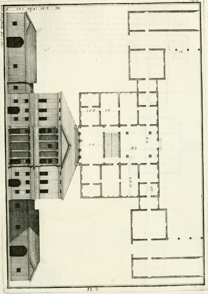 An illustration from I quattro libri dell'architettura di Andrea Palladio : ne quali dopo un breve trattato de' cinque ordini, e di quelli avvertimenti, che sono più necessarj nel fabbricare : si tratta delle case private, delle vie, dei ponti, delle piazze, dei xisti, e dei tempj, 1790, leaf 208