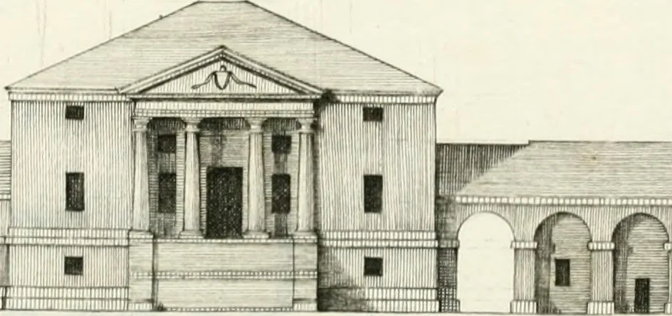 An illustration from I quattro libri dell'architettura di Andrea Palladio : ne quali dopo un breve trattato de' cinque ordini, e di quelli avvertimenti, che sono più necessarj nel fabbricare : si tratta delle case private, delle vie, dei ponti, delle piazze, dei xisti, e dei tempj, 1790, leaf 210