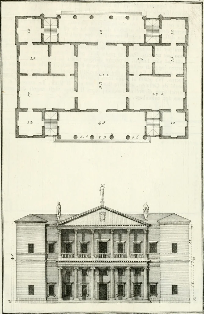 An illustration from I quattro libri dell'architettura di Andrea Palladio : ne quali dopo un breve trattato de' cinque ordini, e di quelli avvertimenti, che sono più necessarj nel fabbricare : si tratta delle case private, delle vie, dei ponti, delle piazze, dei xisti, e dei tempj, 1790, leaf 218