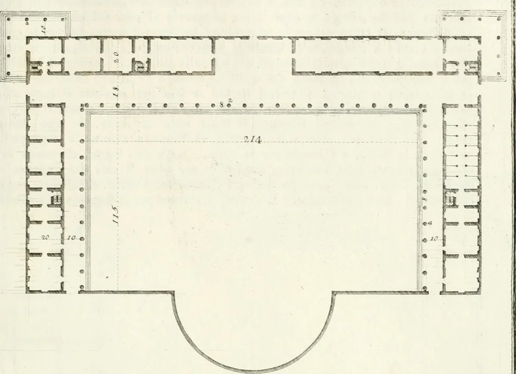An illustration from I quattro libri dell'architettura di Andrea Palladio : ne quali dopo un breve trattato de' cinque ordini, e di quelli avvertimenti, che sono più necessarj nel fabbricare : si tratta delle case private, delle vie, dei ponti, delle piazze, dei xisti, e dei tempj, 1790, leaf 222