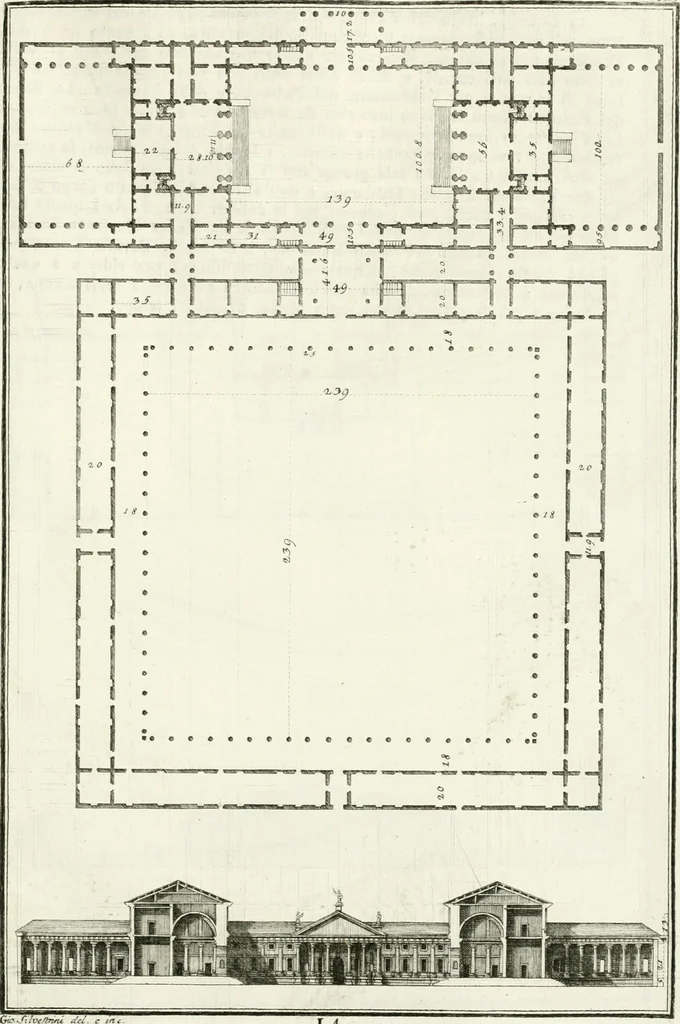 An illustration from I quattro libri dell'architettura di Andrea Palladio : ne quali dopo un breve trattato de' cinque ordini, e di quelli avvertimenti, che sono più necessarj nel fabbricare : si tratta delle case private, delle vie, dei ponti, delle piazze, dei xisti, e dei tempj, 1790, leaf 228
