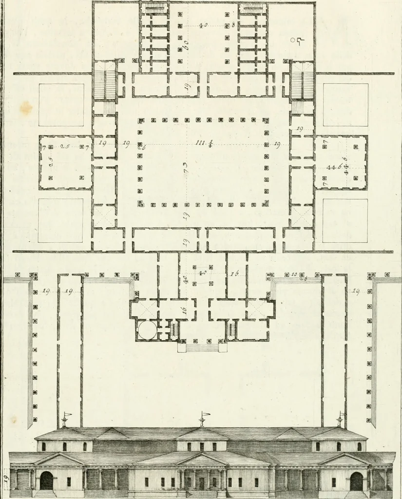 An illustration from I quattro libri dell'architettura di Andrea Palladio : ne quali dopo un breve trattato de' cinque ordini, e di quelli avvertimenti, che sono più necessarj nel fabbricare : si tratta delle case private, delle vie, dei ponti, delle piazze, dei xisti, e dei tempj, 1790, leaf 236