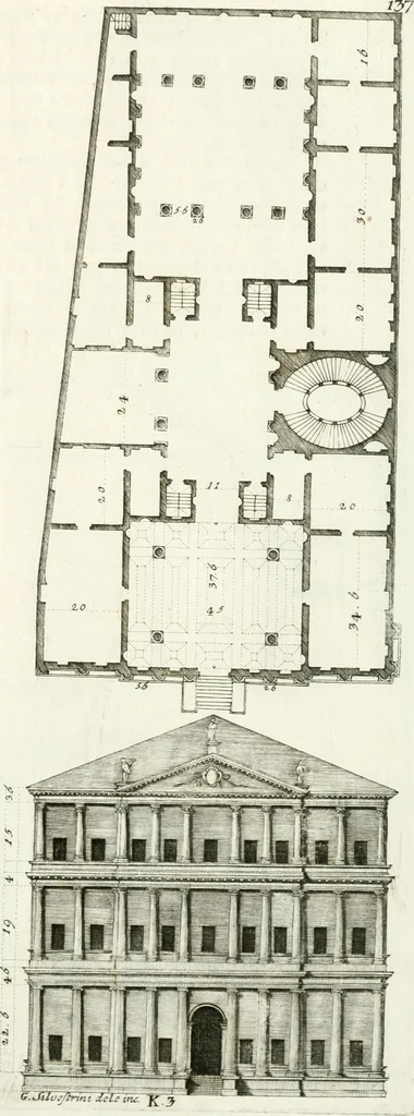 An illustration from I quattro libri dell'architettura di Andrea Palladio : ne quali dopo un breve trattato de' cinque ordini, e di quelli avvertimenti, che sono più necessarj nel fabbricare : si tratta delle case private, delle vie, dei ponti, delle piazze, dei xisti, e dei tempj, 1790, leaf 242
