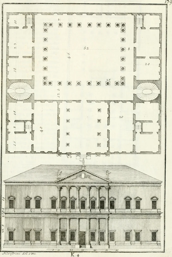 An illustration from I quattro libri dell'architettura di Andrea Palladio : ne quali dopo un breve trattato de' cinque ordini, e di quelli avvertimenti, che sono più necessarj nel fabbricare : si tratta delle case private, delle vie, dei ponti, delle piazze, dei xisti, e dei tempj, 1790, leaf 244
