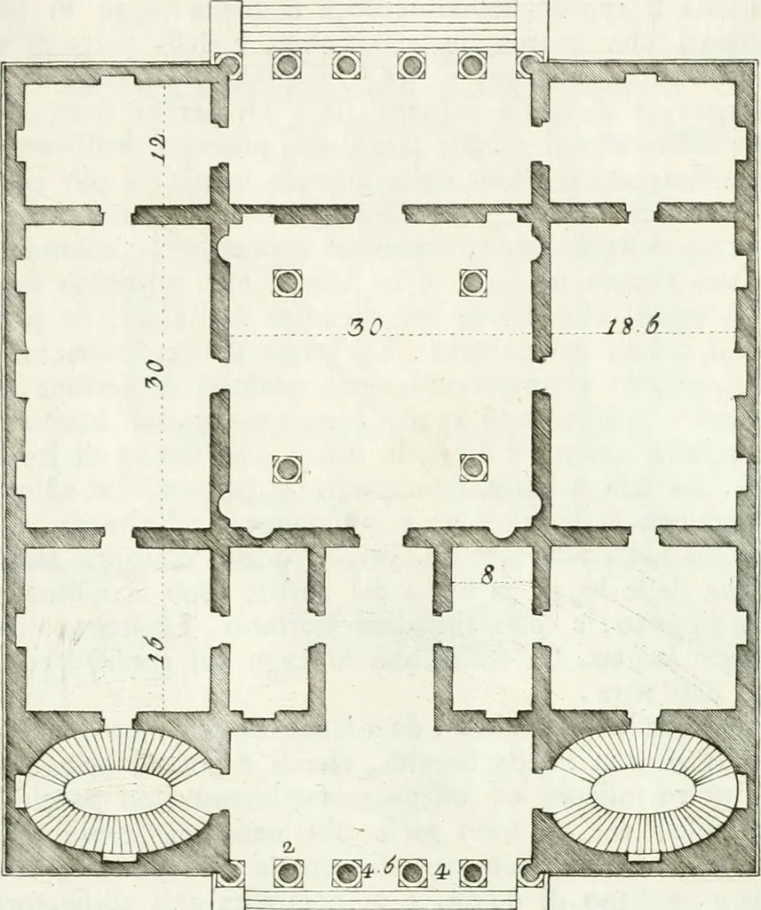 An illustration from I quattro libri dell'architettura di Andrea Palladio : ne quali dopo un breve trattato de' cinque ordini, e di quelli avvertimenti, che sono più necessarj nel fabbricare : si tratta delle case private, delle vie, dei ponti, delle piazze, dei xisti, e dei tempj, 1790, leaf 250
