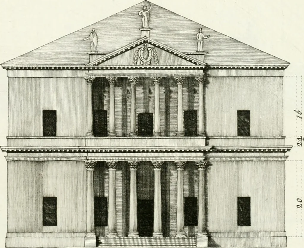 An illustration from I quattro libri dell'architettura di Andrea Palladio : ne quali dopo un breve trattato de' cinque ordini, e di quelli avvertimenti, che sono più necessarj nel fabbricare : si tratta delle case private, delle vie, dei ponti, delle piazze, dei xisti, e dei tempj, 1790, leaf 250