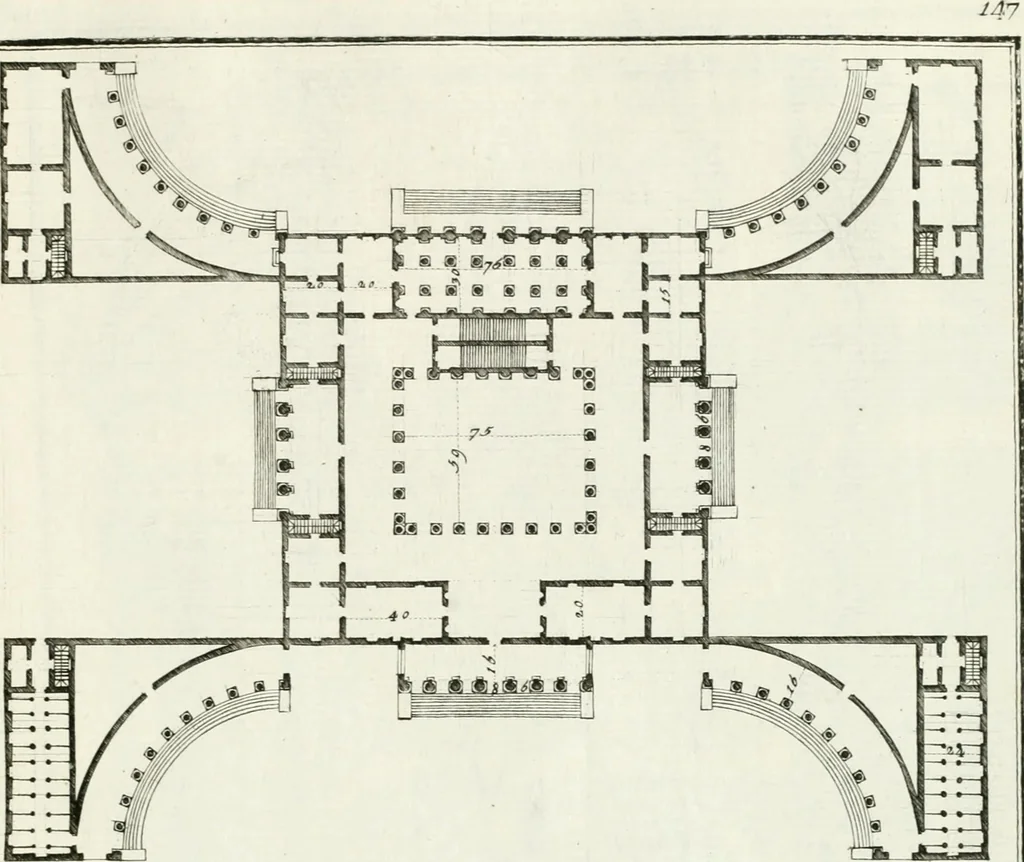 An illustration from I quattro libri dell'architettura di Andrea Palladio : ne quali dopo un breve trattato de' cinque ordini, e di quelli avvertimenti, che sono più necessarj nel fabbricare : si tratta delle case private, delle vie, dei ponti, delle piazze, dei xisti, e dei tempj, 1790, leaf 252