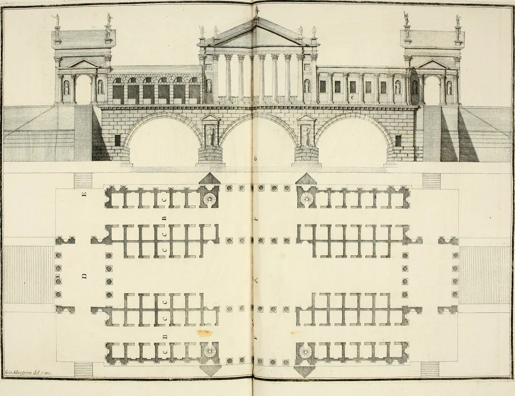 An illustration from I quattro libri dell'architettura di Andrea Palladio : ne quali dopo un breve trattato de' cinque ordini, e di quelli avvertimenti, che sono più necessarj nel fabbricare : si tratta delle case private, delle vie, dei ponti, delle piazze, dei xisti, e dei tempj, 1790, leaf 285