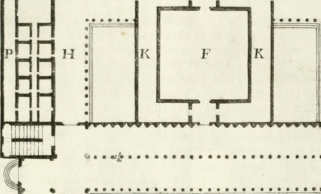 An illustration from I quattro libri dell'architettura di Andrea Palladio : ne quali dopo un breve trattato de' cinque ordini, e di quelli avvertimenti, che sono più necessarj nel fabbricare : si tratta delle case private, delle vie, dei ponti, delle piazze, dei xisti, e dei tempj, 1790, leaf 294
