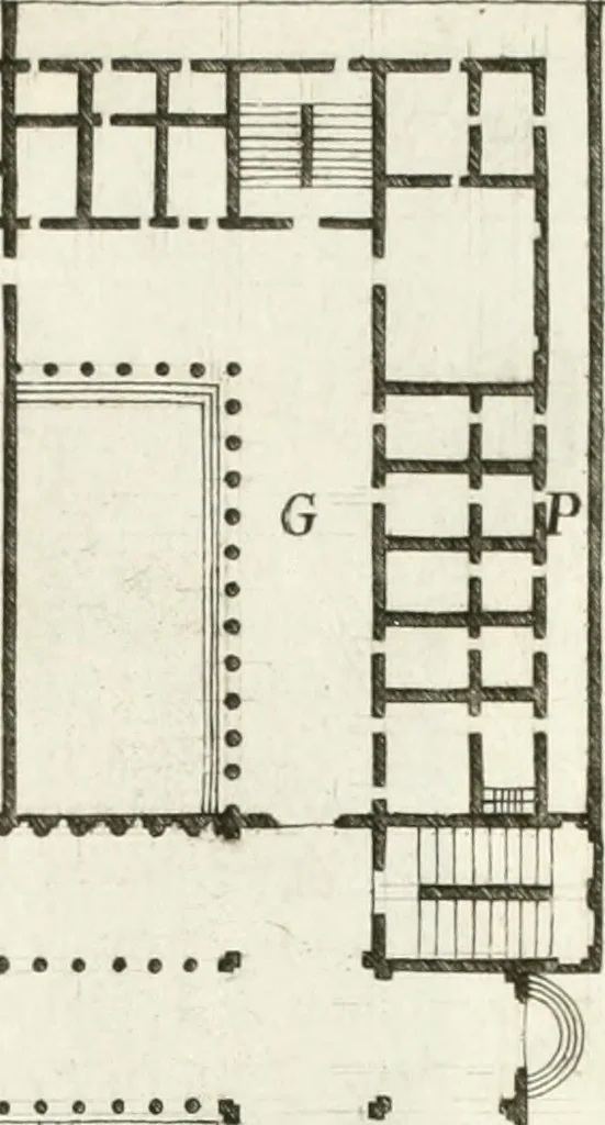 An illustration from I quattro libri dell'architettura di Andrea Palladio : ne quali dopo un breve trattato de' cinque ordini, e di quelli avvertimenti, che sono più necessarj nel fabbricare : si tratta delle case private, delle vie, dei ponti, delle piazze, dei xisti, e dei tempj, 1790, leaf 294